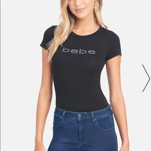 Bebe knit form fitting shirt w Swarovski crystals